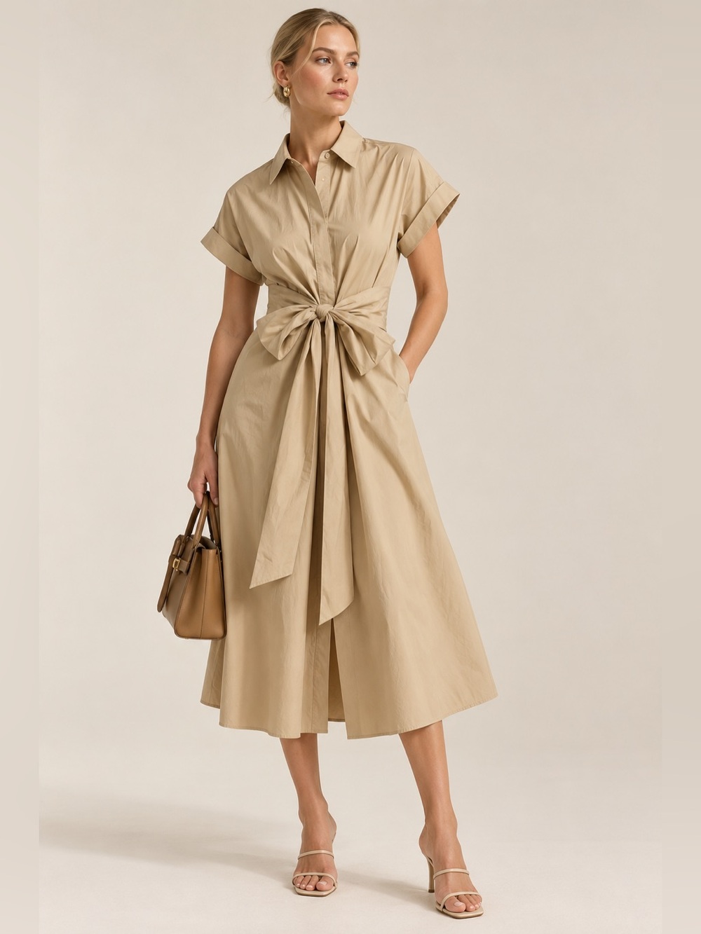Lauren Ralph Lauren Tie-Waist Shirt Dress in Beige